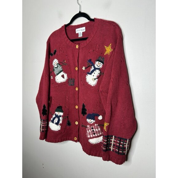 Croft Barrow Sweater Vintage Red Button Up Cardigan Christmas Snowmen Size 1X - Picture 2 of 9